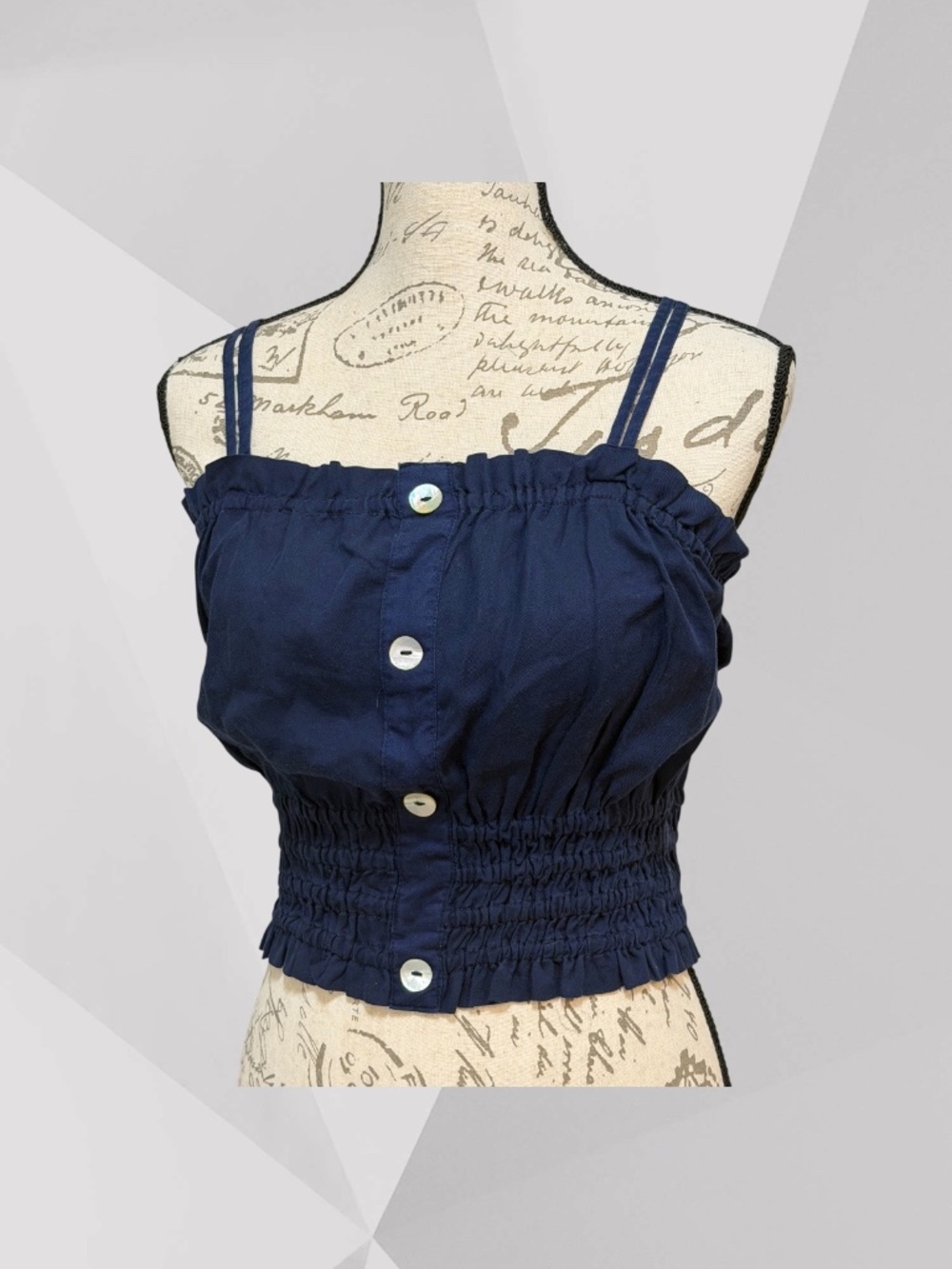ELAN Adorable Smocked Double Spaghetti Strap Crop Top Navy MOP Buttons L VGUC